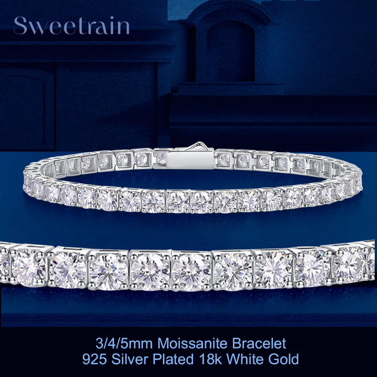 Silver-plated 18k white gold bracelet with moissanite stones on a blue background, featuring the brand 'Sweettrain'.