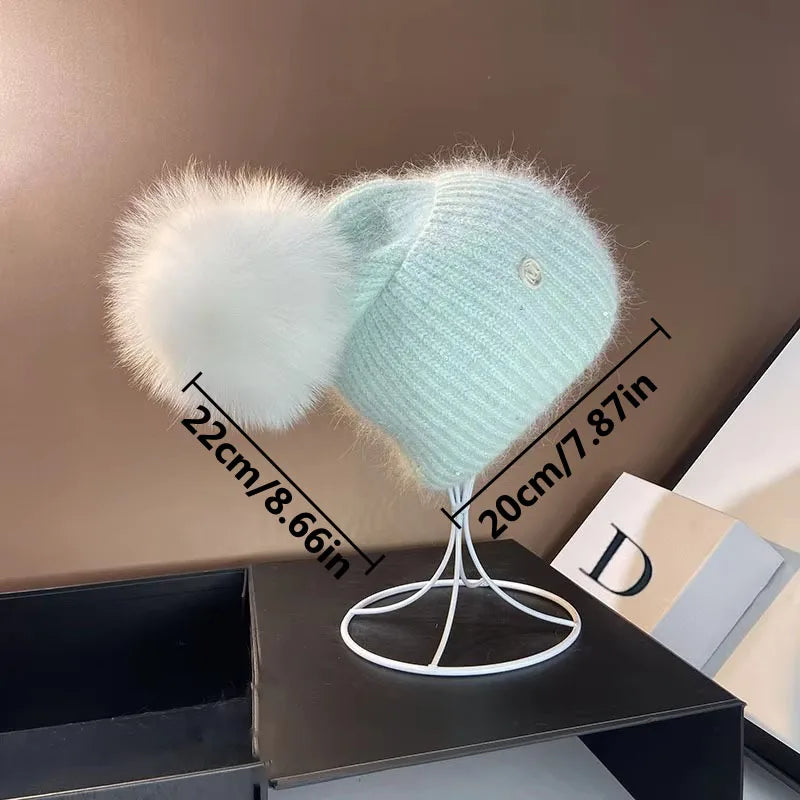 Echte Fuchspelz-Bommelmützen für Damen Winter Outdoor Warme Strickmützen Mode M-Buchstabe Kaninchen gestrickt Dicke Mütze Weihnachten