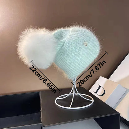 Echte Fuchspelz-Bommelmützen für Damen Winter Outdoor Warme Strickmützen Mode M-Buchstabe Kaninchen gestrickt Dicke Mütze Weihnachten