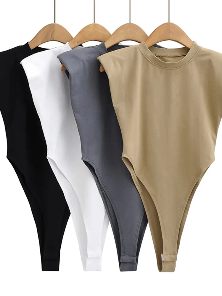 Sexy Oberteile Damen Sommer-Einteiler Bodycon Bodysuit gepolsterter Schulter-Bodysuit schwarze ärmellose Bodys für Damen weiß