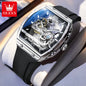 Luxury watch with visible mechanism on a black strap, branded 'OLEVS'.