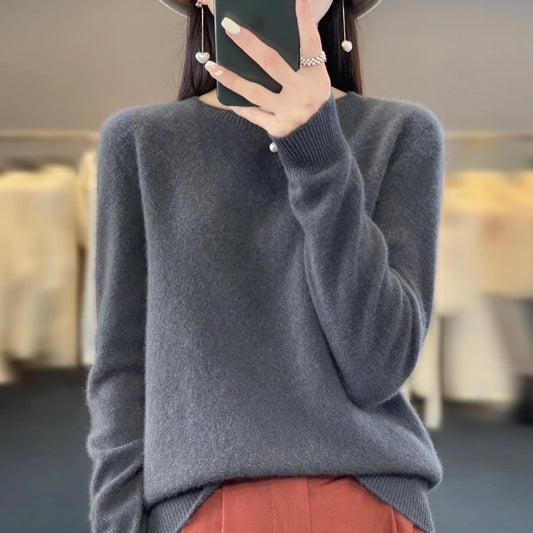 Women's 100% Merino Wool O-Neck Cashmere Pullover Sweater