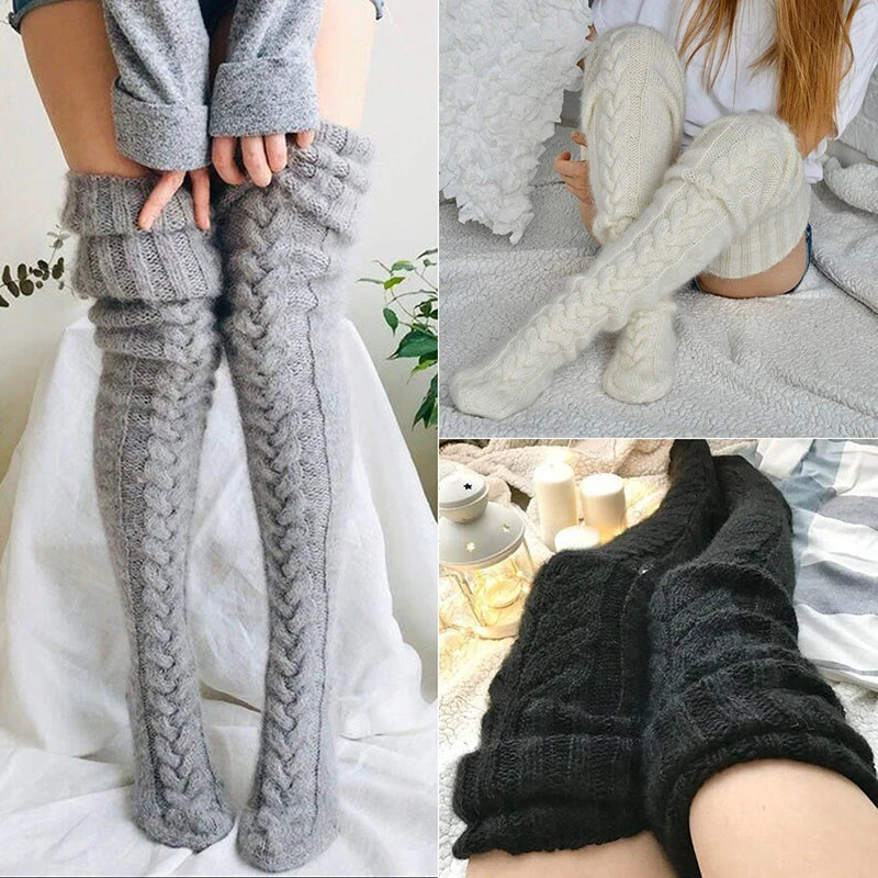 Collage of knitted leg warmers in gray, white, and black.