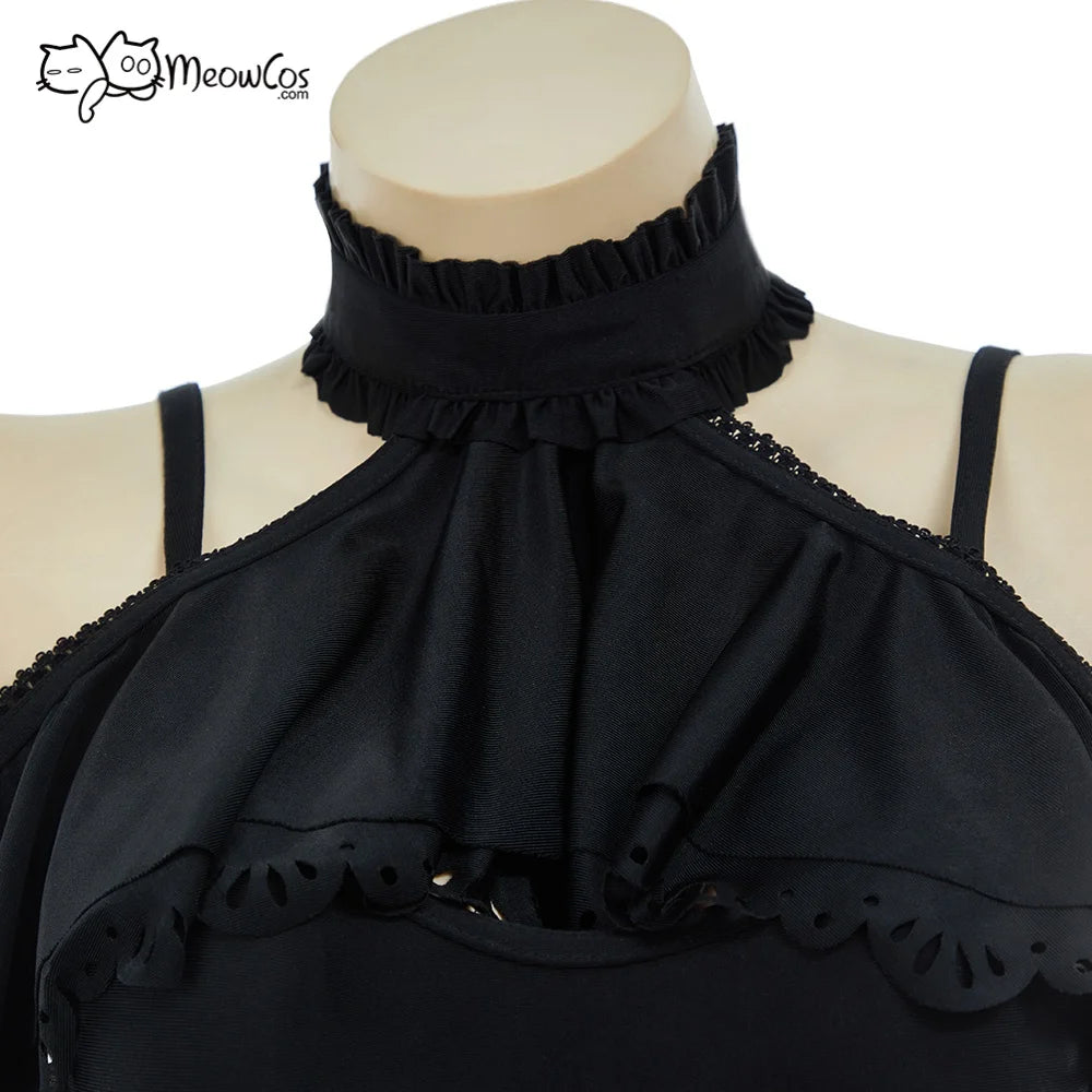 MEOWCOS Damen Gothic Schwarz Viktorianischer Vintage-Stil Neckholder Einteiler Badeanzug mit Neckholder Rüschen-Tuch Bademode