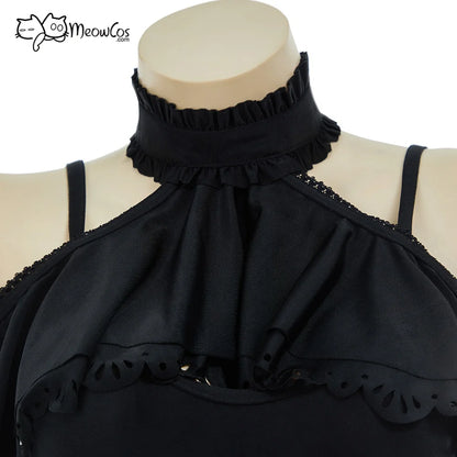 MEOWCOS Damen Gothic Schwarz Viktorianischer Vintage-Stil Neckholder Einteiler Badeanzug mit Neckholder Rüschen-Tuch Bademode