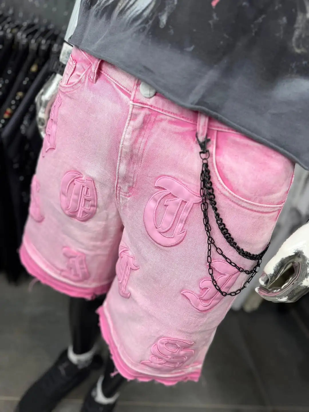 High Street Element Five Star Patch Designer Pink Denim Pants Baggy Rock Short Jeans