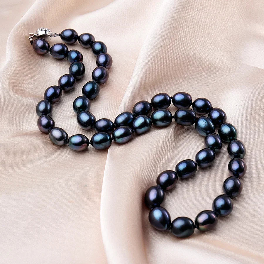YWYC 8-9mm 11-12mm Black Rice Shape Natural Freshwater Pearl Necklaces for Women 925 Sterling Silver Flower Buckle Jewelry Gift