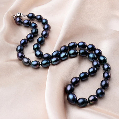 YWYC 8-9mm 11-12mm Black Rice Shape Natural Freshwater Pearl Necklaces for Women 925 Sterling Silver Flower Buckle Jewelry Gift