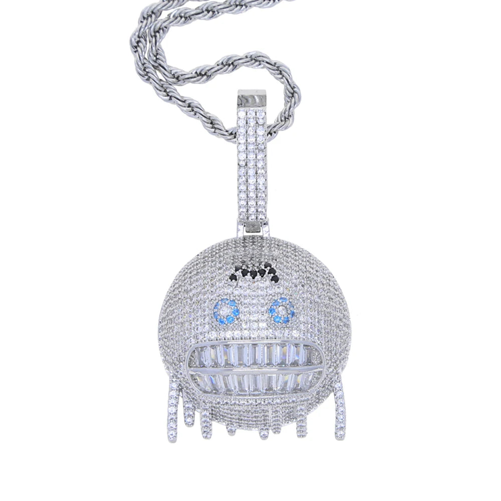 Silver robot pendant necklace on a white background