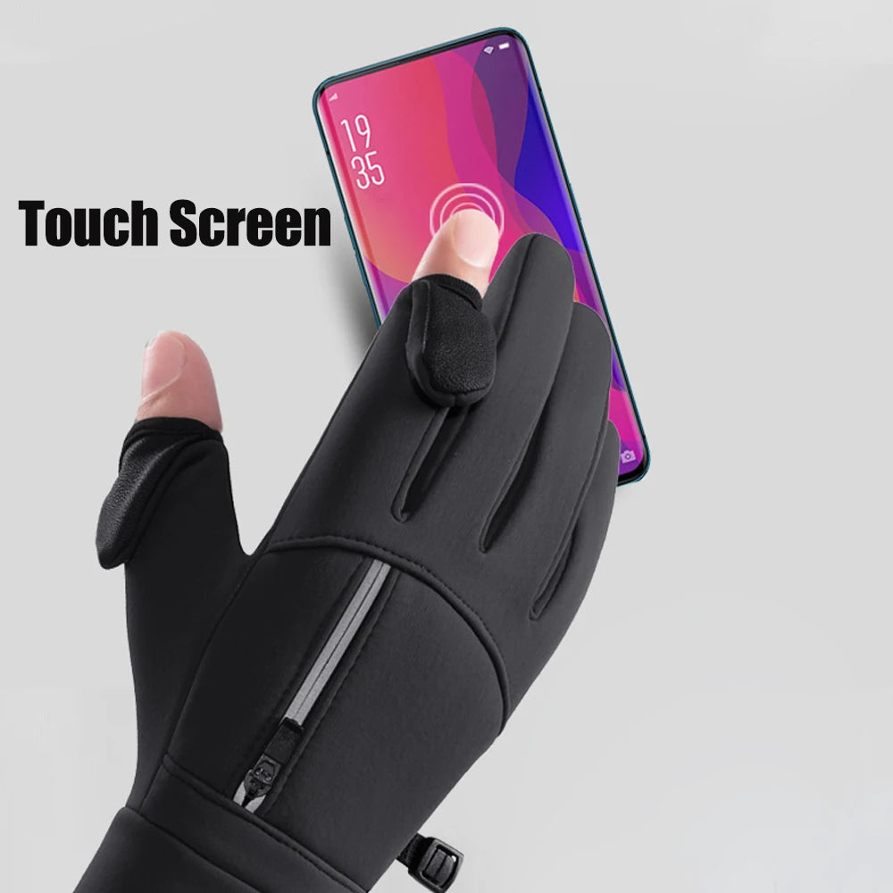 Black touchscreen glove with a smartphone displaying a colorful screen on a light gray background.