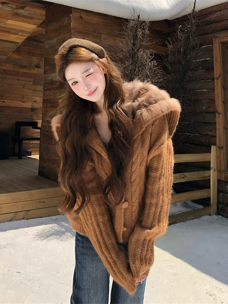 Women's Knit Cardigan With Faux Fur Collar Fashion Long Sleeve Single Breasted Sweater Coat Lady 2026 Spring Chic Streetwear