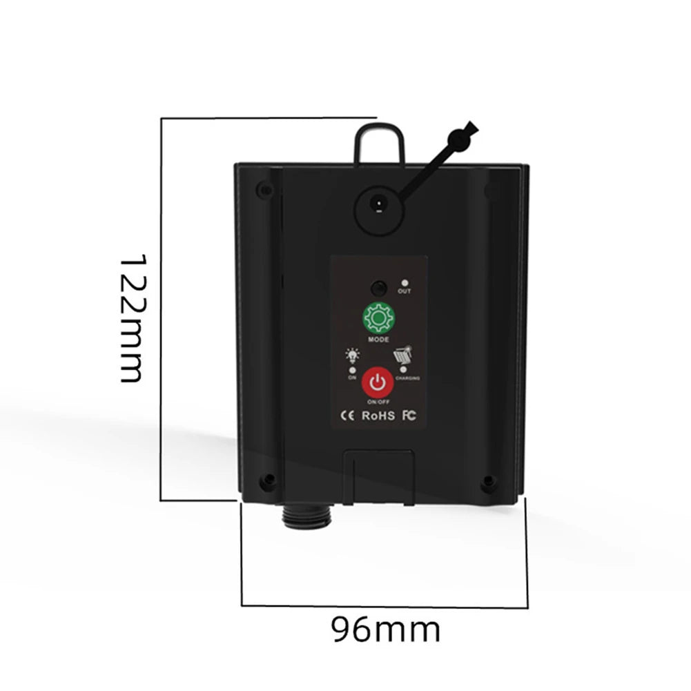 Black electronic device with dimensions labeled on a white background
