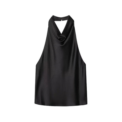 DAMEN 2025 Neckholder-Tops für Frauen Schwarzes Satin-Rückenfreies Top Damen Rosa Sommer Strandtop Damen schulterfreies Camisole-Top Frauen
