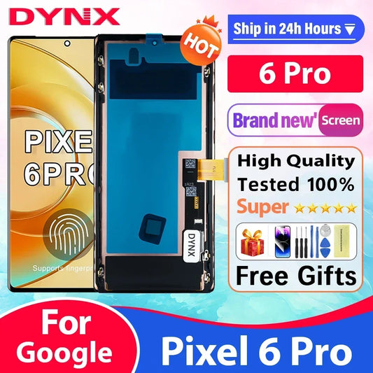 Pixel 6 Pro phone case with screen and back cover, featuring DYNX branding and promotional text.