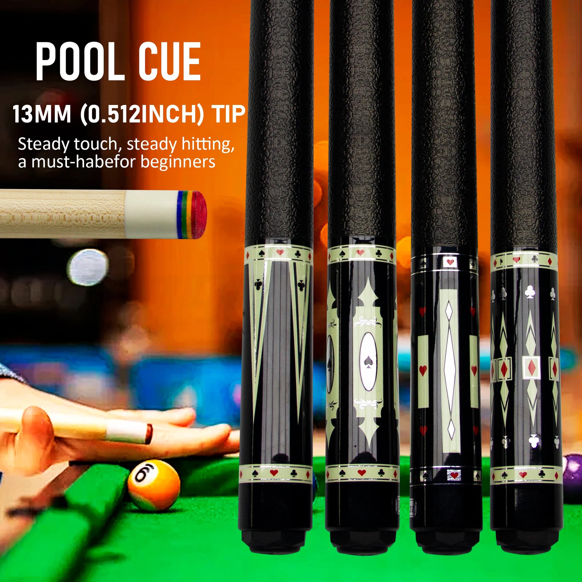 Set of pool cues with decorative tips on a pool table background
