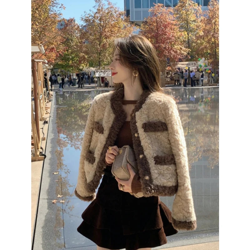 Warm ort Lamb Fur Jaet Women's Autumn Winter Thiened Korean Loose Sle Top Button Design Commute Sle Ladies Coat