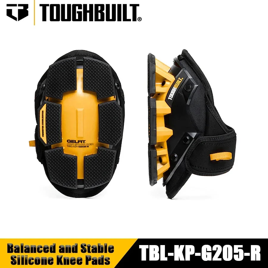 Toughbuilt knee pads with black and yellow design on a white background