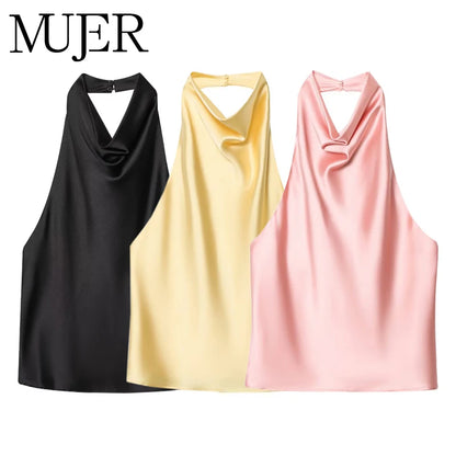 DAMEN 2025 Neckholder-Tops für Frauen Schwarzes Satin-Rückenfreies Top Damen Rosa Sommer Strandtop Damen schulterfreies Camisole-Top Frauen