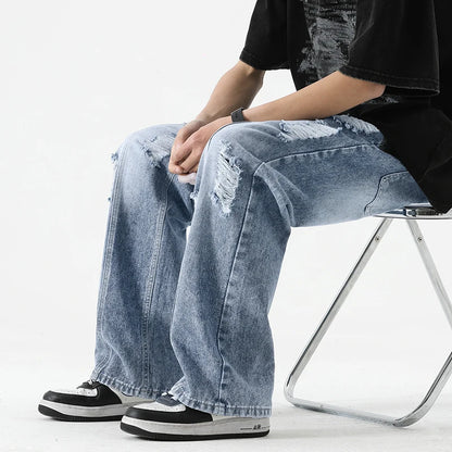 Herren Sommer Ripped Jeans Lockerer gerader Schnitt Retro Herren Kordelzug Port Modemarke All-match Freizeithose