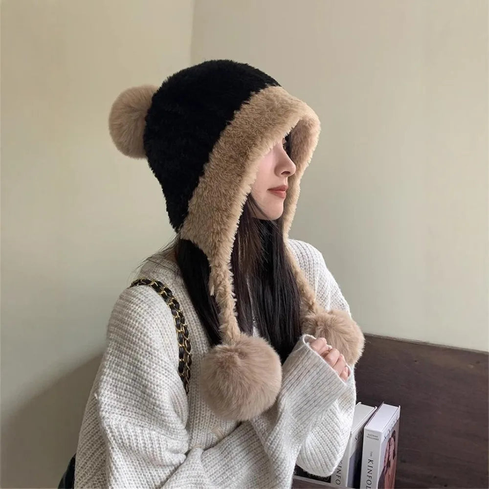 Womens Knitted Hat Winter Warm Beanie with Ear Flaps Pom Pom Extra Soft Thickened Lining Cold Weather Cap for Outdoor Sports