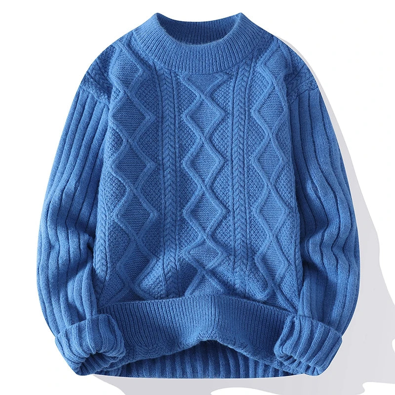 Thiened Knitted Warm Pure Color Low Collar Men's Twist Flower Sweater Autumn Winter New Sle Youth round Ne Base irt