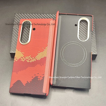 Two phone cases with carbon fiber texture on a gray background