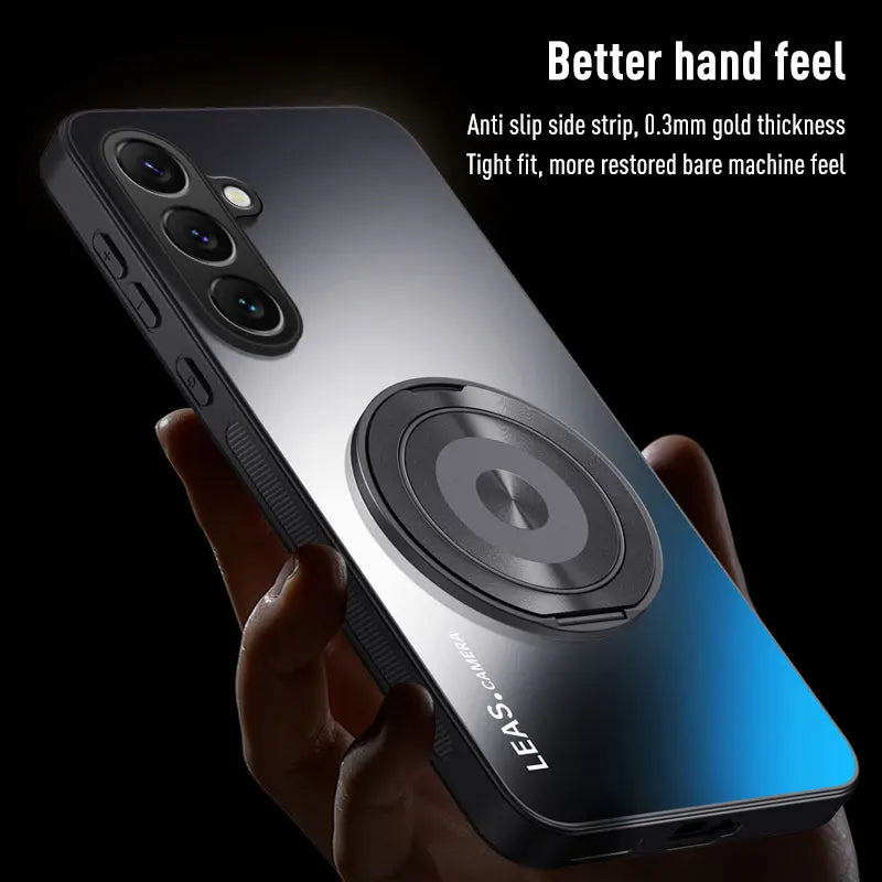 Phone case with anti-slip side strip and thin thickness, held by a hand on a black background.