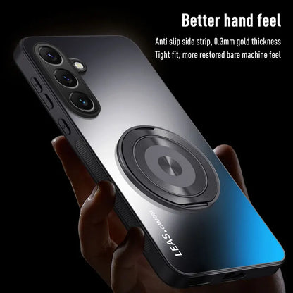 Phone case with anti-slip side strip and thin thickness, held by a hand on a black background.