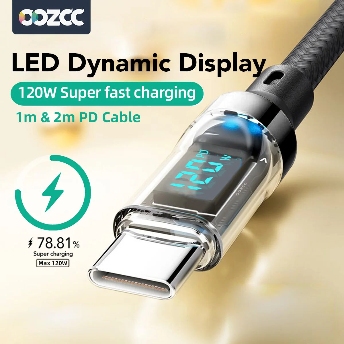 OOZCC LCD-Wattanzeige-Kabel, max. 120 W Super-Schnelllade-USB-C-Kabel Datenübertragung, USB A auf Lightning für iPhone 14 Pro