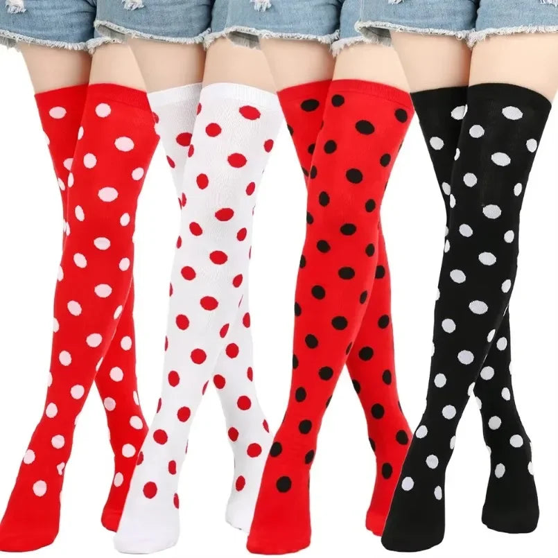 Long Socks Womens Over Above Knee Striped Thigh High Stockings Polka Dot Ladies Black White Pink Cosplay Lolita Harajuku Y2k