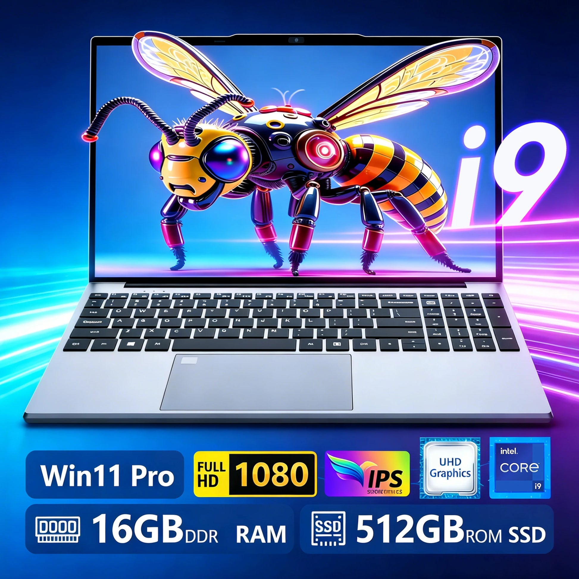 Laptop with a futuristic bee design on the screen, featuring hardware specifications below.