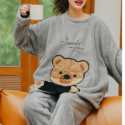 Thickened Warm Large Size Padded Fall and Winter Women's Pajamas Top and Pants Set Coral Velvet Ladies Cartoon Bear 2PCS/Set