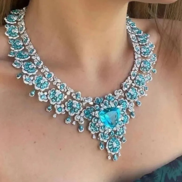 100% 925 Sterling Silver Lab Sapphire Paraiba High Carbon Diamonds Gemstone Pendants Necklace