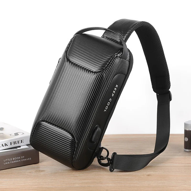 Carbon Fiber Anti-Theft USB Crossbody Bag – Waterproof Sling Chest Pack