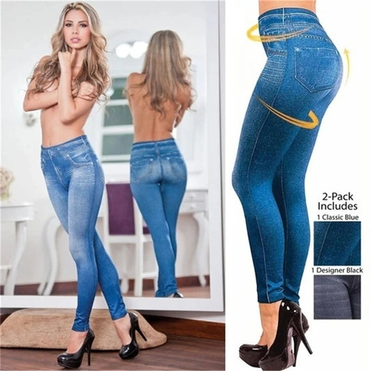 Woman wearing blue jeans with a focus on the backside, including a 2-pack product description.