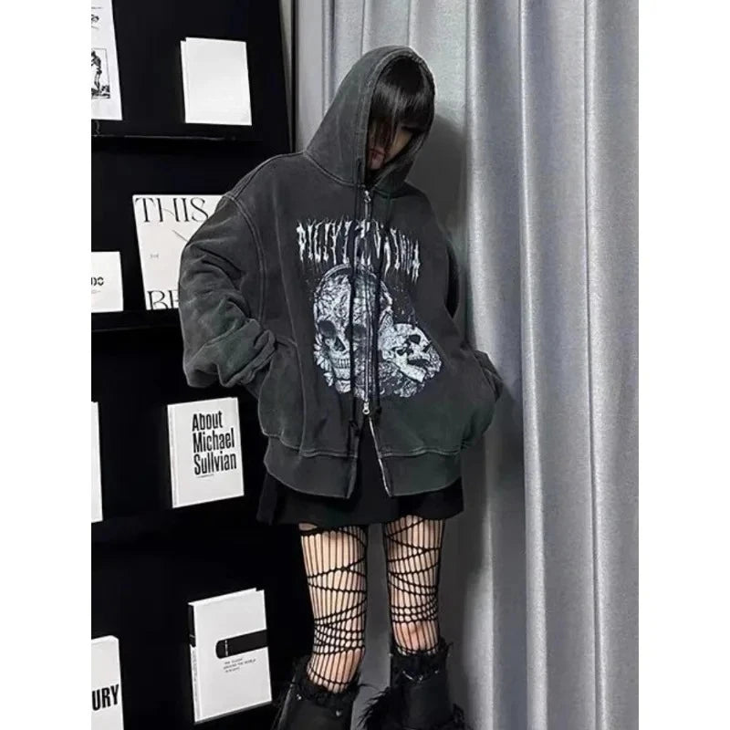 Subculture Gothic Women Coats with Hoodies Vintage Black Jackets Faux Fur Coat Female Loose Casual Sweatshirt