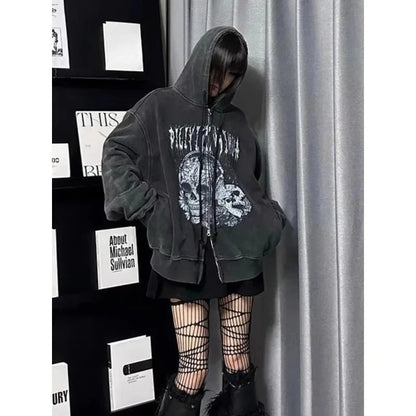 Subculture Gothic Women Coats with Hoodies Vintage Black Jackets Faux Fur Coat Female Loose Casual Sweatshirt