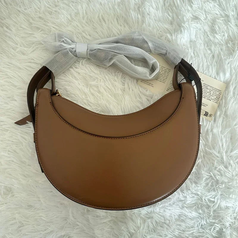 2025 French fashion genuine leather women's shoulder bag, crescent bag, niche design zipper closure shoulder crossbody bag