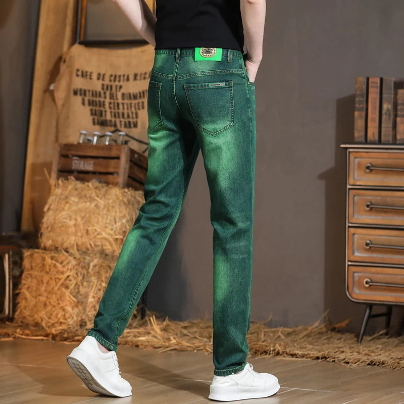 Emerald Green Jeans High-End Embroidery Slim Straight Denim Pants