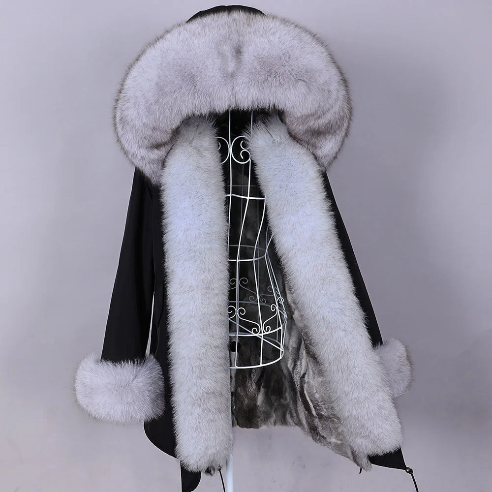 MAOMAOKONG 2023 Abnehmbarer Echtfuchs Pelzkragen Mäntel Damen Winterjacke Kapuze Kaninchenfellfutter Lange Parkas Damenbekleidung