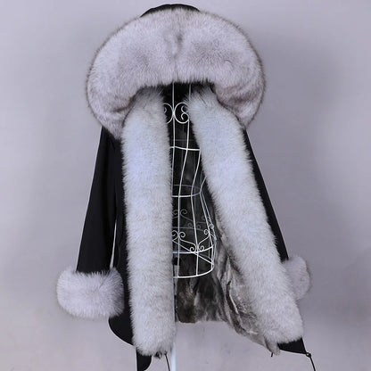 MAOMAOKONG 2023 Abnehmbarer Echtfuchs Pelzkragen Mäntel Damen Winterjacke Kapuze Kaninchenfellfutter Lange Parkas Damenbekleidung