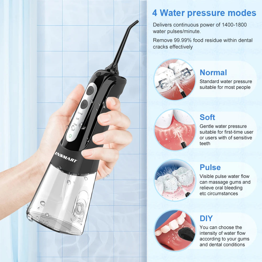 Hand holding a water flosser with water pressure mode illustrations on the side.