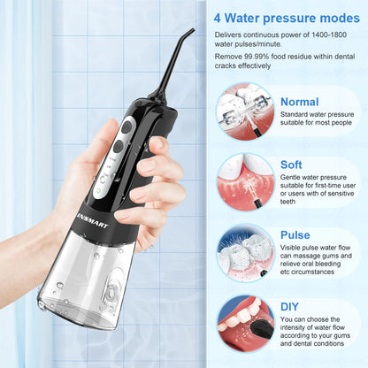 Hand holding a water flosser with water pressure mode illustrations on the side.