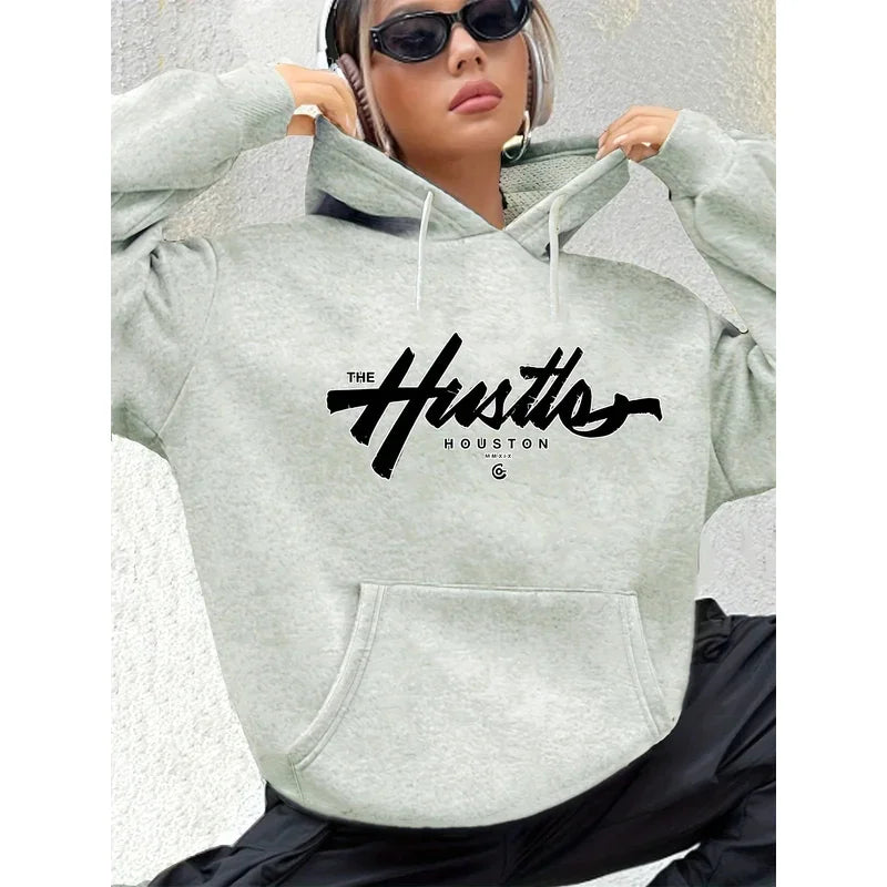 Herbst Winter Damen Locker Warm Houston Buchstabenmuster Wildleder Langarm Kapuzenpullover