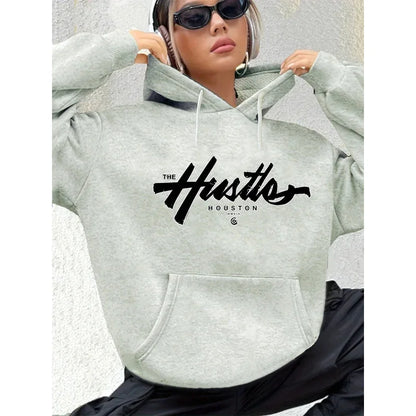 Herbst Winter Damen Locker Warm Houston Buchstabenmuster Wildleder Langarm Kapuzenpullover