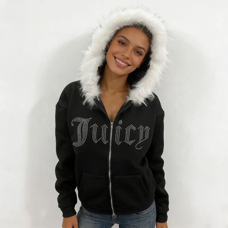 Fur collar cardigan sweatshirt zipper jacket European and American letter hot stamping retro sweatshirt jacke