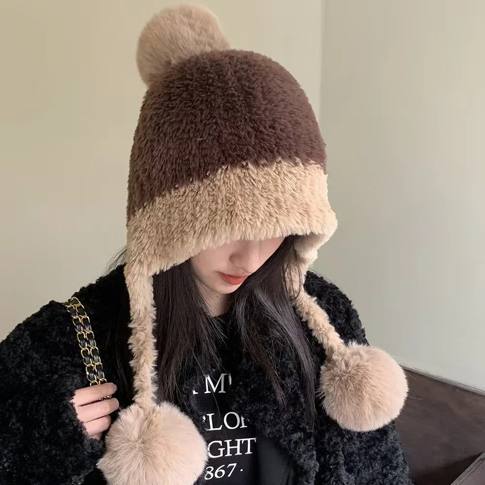 Niedliche Strickmütze mit Bommeln für Damen - Winter Warme Farbblockmütze für großen Kopfumfang Verdicktes Fleece Gefüttert Kälteschutz H