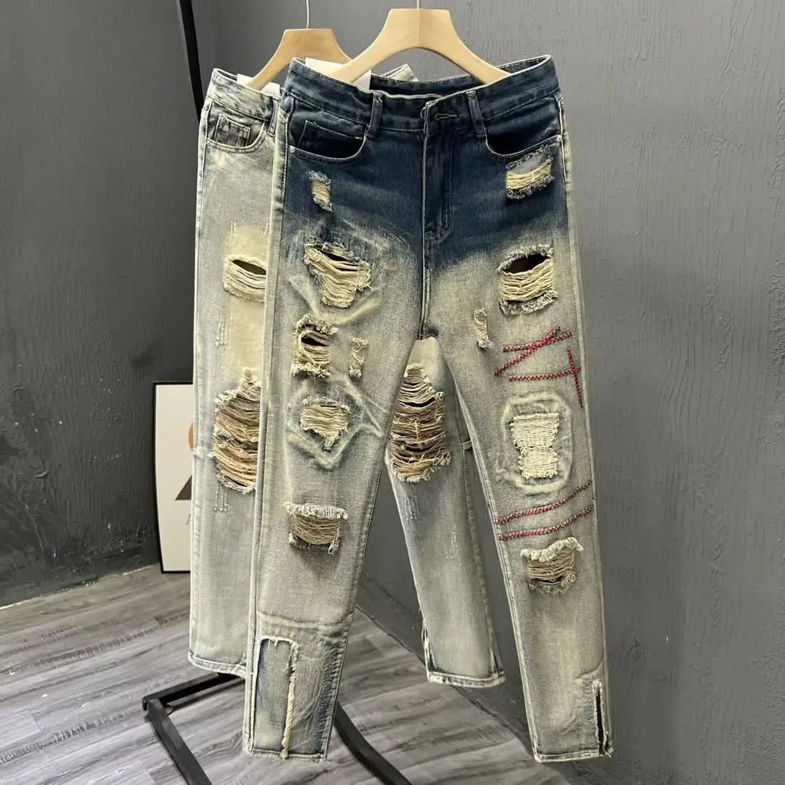 Designer Washed Destroyed Embroidered Slim Jeans Casual Clothing