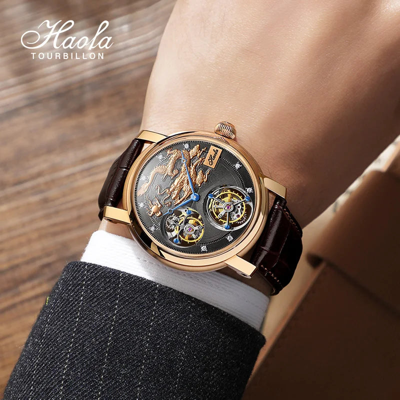 18K Double Tourbillon Watch Diamond Hour Markers Mechanical Tourbillon High Quality Watches