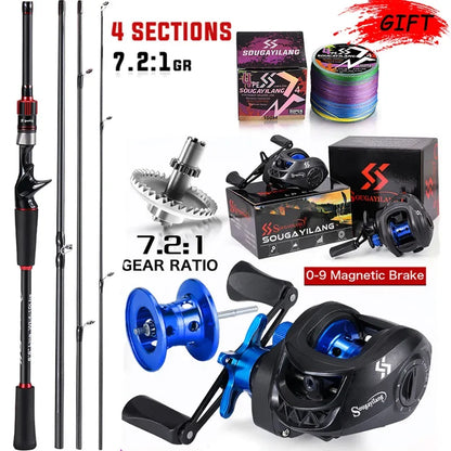 Sougayilang Angelrute Rollen Combo 1,8~2,1m Kohlefaser Casting Rute und 7,2:1 Übersetzung Baitcasting Rolle Max. Bremskraft 10kg für Barsch